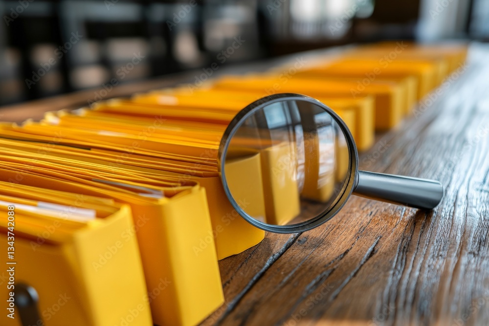 Poster yellow file folders organized on a wooden table with a magnifying glass highlighting details in a wo