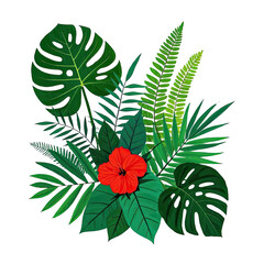Tropical Plants , Monstera, Fern, Exotic Shrubs, and Colorful Hibiscus Flowers,  on Transparent Background, Generative AI