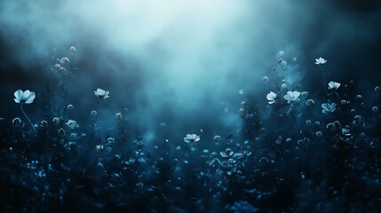 Naklejka premium Mysterious blue-toned floral landscape with soft fog and delicate flowers creating an enchanting atmosphere.