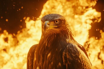 Majestic golden eagle perched with flames in the background during a dramatic sunset