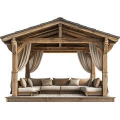the front view of a rustic open air lounge cabana a person might find at a high end ski resort. PNG