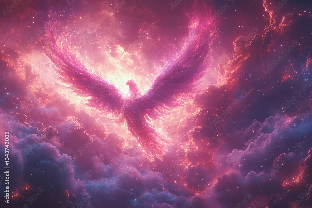 Aufkleber Phoenix rises from vibrant cosmic clouds in a colorful cosmic setting during a celestial event