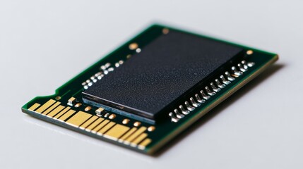 Close-up of Green PCB with Black Memory Chip, High-Resolution Image, Electronics Concept,Memory Module, RAM Memory, Electronics