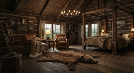 Naklejka premium Cozy Cabin Interior with Rustic DÃ©cor and Comfortable Furniture