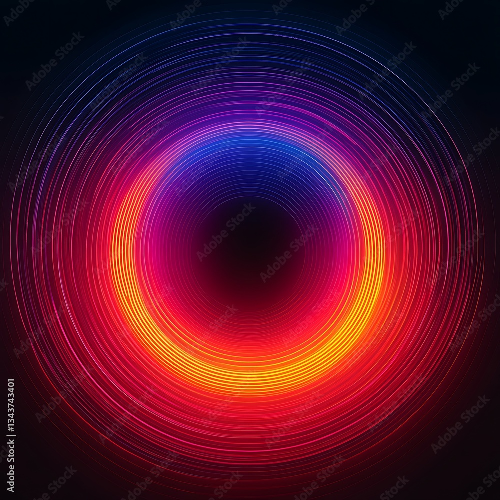 Poster abstract colorful concentric circles with a dark center on a black background