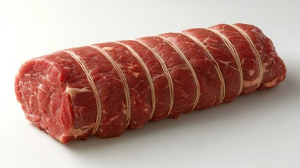 A rolled piece of raw meat tied with string, ready for cooking or roasting.