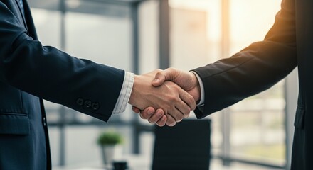 Deal is Sealed: Two business people in formal wear make a deal shaking hands in a modern office setting. The sunlight coming from outside the window making a bright mood for agreement and achievement.