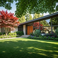 Naklejka premium A mid-century modern home with floor-to-ceiling windows, a wide front lawn with sculpted plants, ornamental trees, and colorful flowers, Ai Generated