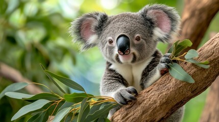 Obraz premium Adorable Koala on Eucalyptus Branch Close-up Portrait, Soft Focus Background, Wildlife Photography, Australia Koala, Wildlife Photography