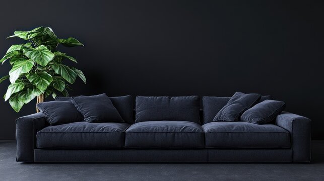 A modern dark sofa against a black wall, complemented by a green potted plant.