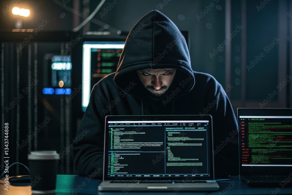 Poster dark figure in a hoodie working on laptop with code displayed, surrounded by screens in a tech-focus