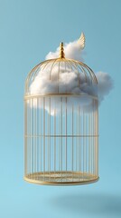 Obraz premium cloud inside a golden cage on a soft blue background