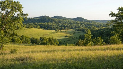 Fototapeta premium A serene landscape featuring rolling hills and lush greenery under a clear sky.