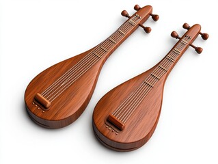 Two dark brown pear shaped stringed instruments are arranged side by side against a clean white background. The image is lit with bright, even light, creating minimal shadows. 