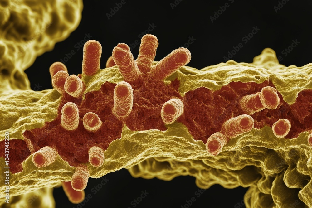 Poster Microscopic view of bacteria interacting with surface structures in rich detail at a high magnification level