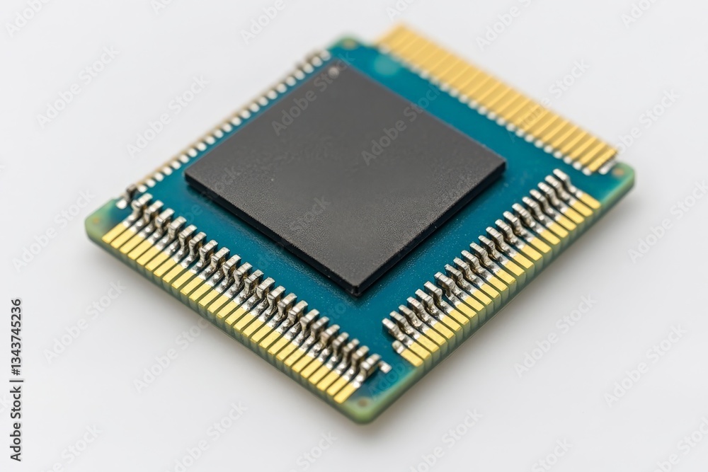 Poster microprocessor with gold pins on a circuit board, showcasing detailed engineering and design element
