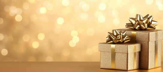 Two gold gift boxes with gold ribbon bows sit on a gold surface against a bokeh background.