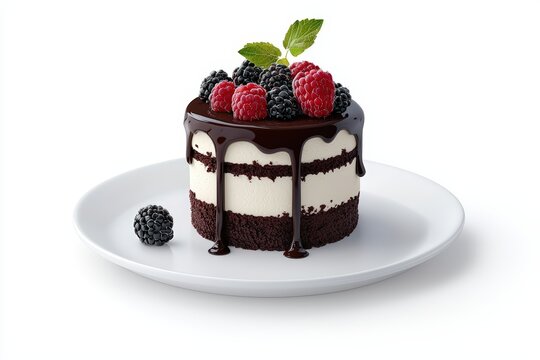 Decadent chocolate cake topped with fresh berries and a drizzle of chocolate ganache, perfect for dessert lovers.