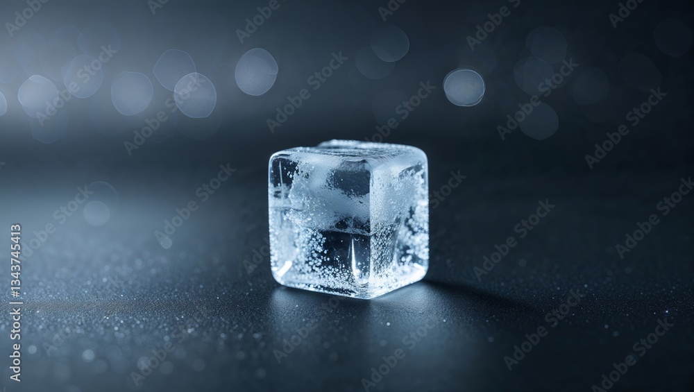Poster clear ice cube resting on a dark surface with subtle lighting effects highlighting its texture and r