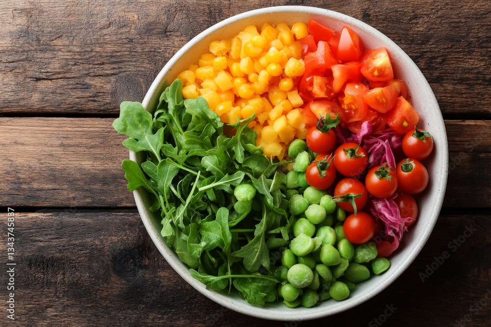 Poster fresh vegetable salad bowl with colorful ingredients arranged on rustic wooden table