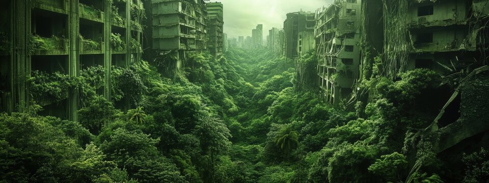 Capturing the resilience of nature thriving amidst abandoned architecture in a post-apocalyptic setting