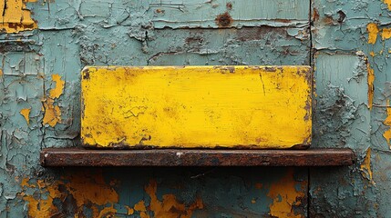 Weathered blue and yellow wall with peeling paint and rusted shelf detail