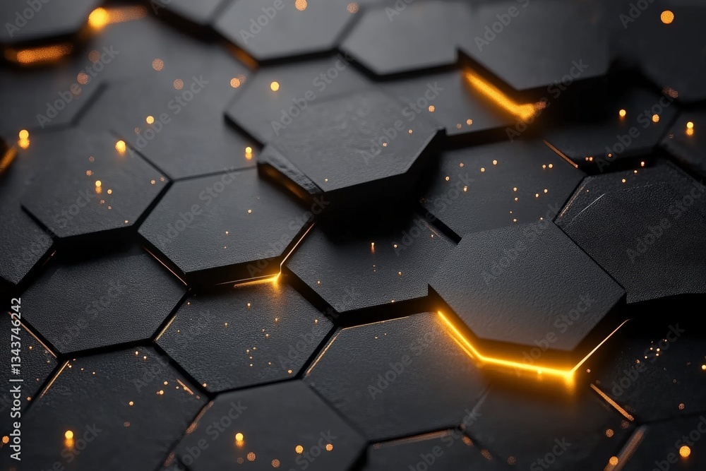 Fototapete Illuminated hexagonal patterns create a futuristic atmosphere in a dark setting