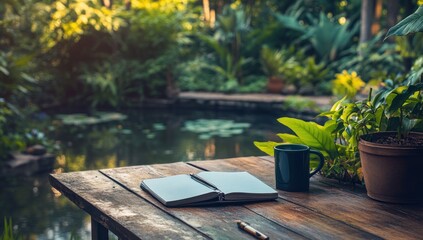 Fototapeta premium Peaceful Garden Oasis: Notebook, Coffee, and Tranquility by the Pond
