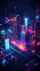 Obraz premium Abstract cityscape at night, glowing with vibrant neon pink, purple, and blue lights. Digital art with isometric perspective, showcasing futuristic architecture and circuit board like patterns.