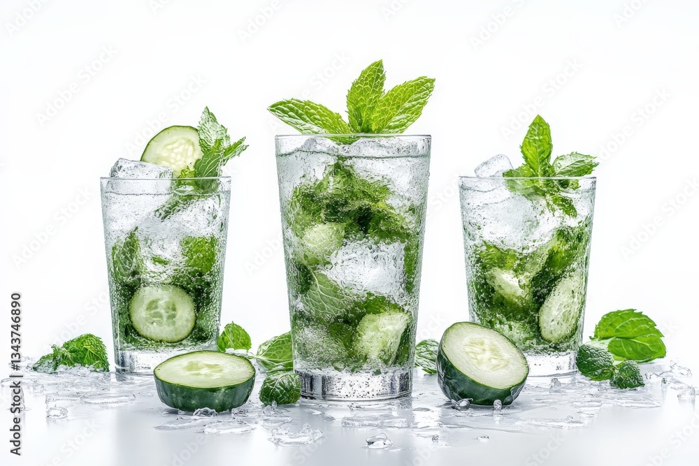 Poster refreshing cucumber mint beverages served in clear glasses on a bright background
