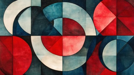 Fototapeta premium Abstract Geometric Watercolor Painting: Red, Blue, and White Curvilinear Forms