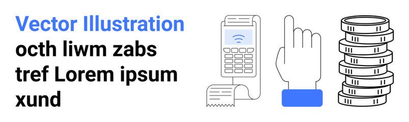 NFC terminal, finger pointing gesture, printed receipt, coin stack highlighting contactless payment. Ideal for finance, e-commerce, banking, fintech, cashless economy digital wallet simple landing
