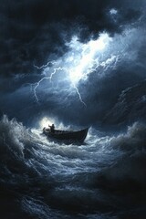 Obraz premium Boat in storm dark ominous swirling sea.