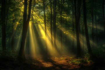 Obraz premium Sunlight shining through the trees in a forest with tall grass