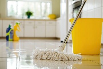 Mop and Bucket Cleaning Tiled Kitchen Floor Near Cleaning Supplies Generative AI