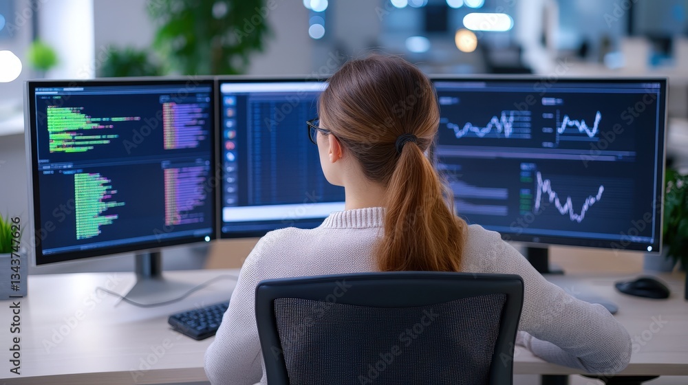 Poster a woman sits at a desk, focused on multiple monitors displaying code and graphs in a modern office e
