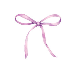Hand drawn watercolor mauve bow. Illustration for romantic invitations design, decorating. 