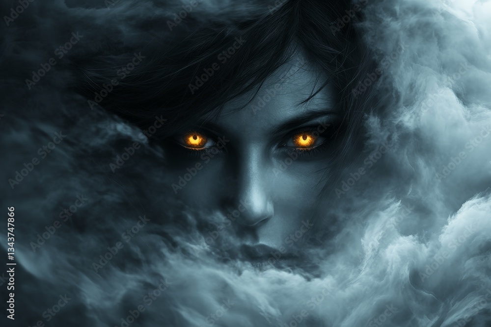Poster mysterious figure with glowing eyes partially hidden in swirling dark fog at night