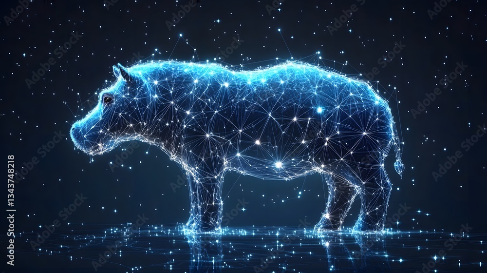 Poster A digital rendering of a hippopotamus, composed of interconnected lines of light, creating a constellation-like effect against a dark background. Animal star constellation. Sky zodiac horoscope theme
