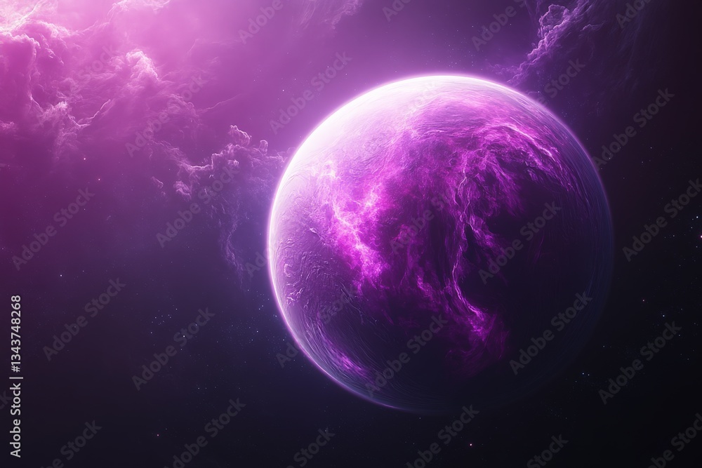 Poster vibrant purple planet floating in cosmic space with clouds and stars