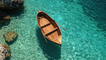 Obraz premium Tranquil Wooden Rowboat on Turquoise Waters