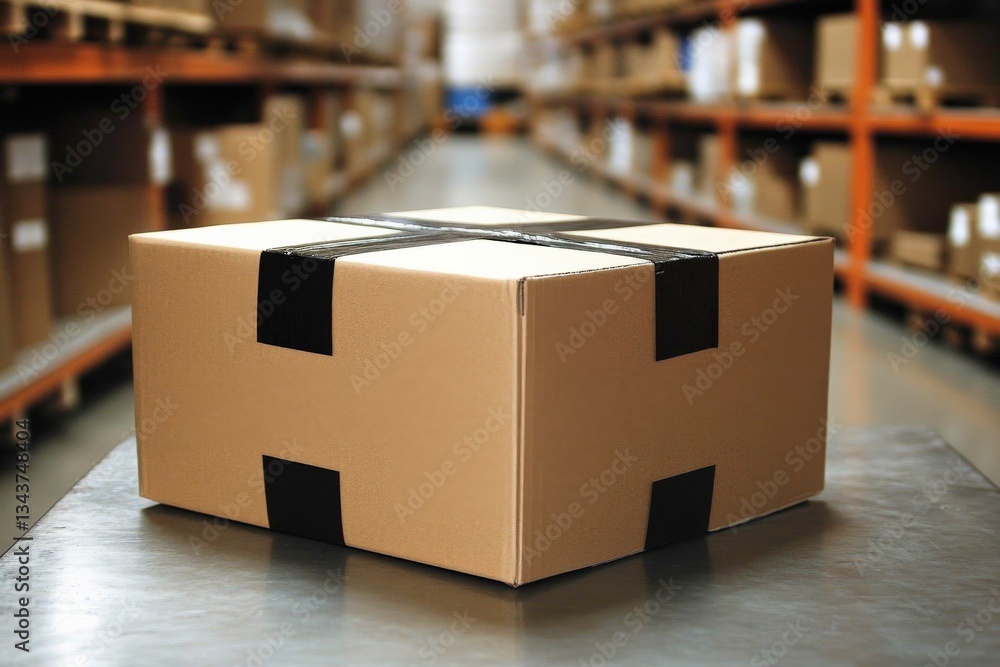 Poster warehouse setting showcasing a large cardboard box packed and ready for shipment on a metallic table