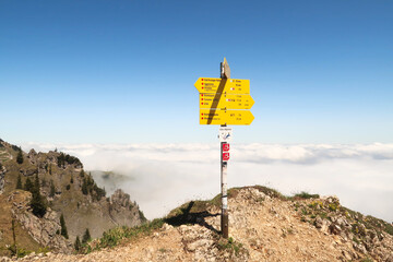 Signpost, guidepost, trail sign in front of a sea of clouds, fog, Mount Aggenstein, Alps, Allgaeu, Germany