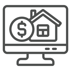 Monitor screen with coin and house line icon, housing market concept. Vector graphics. Display with money, building sign on white background, outline style icon for mobile or web design.
