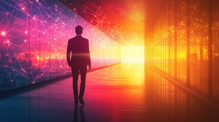 Silhouette of a man walking towards a brightly lit doorway
