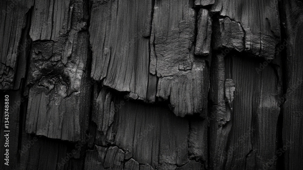 Poster close-up of textured blackened wood surface showcasing intricate patterns and details from charred m