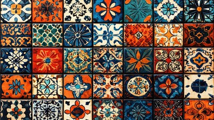 Colorful ceramic tiles arranged in a vibrant pattern showcasing intricate designs