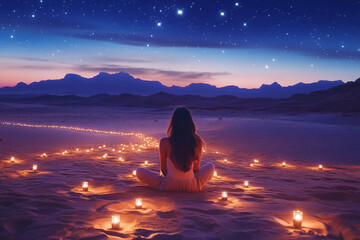 Woman meditating on beach with candles at serene nighttime landscape