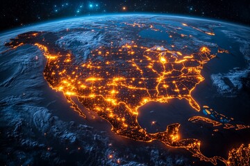 Obraz premium Illuminated night view of North America showcasing cities and landscapes from space