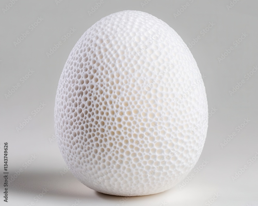 Poster close up of a white, egg shaped object with a textured surface of small, regularly spaced holes. the